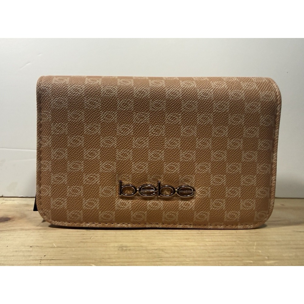 bebe Adela Monogram Small Crossbody Bag Camel Magnetic Closure Detachable Strap